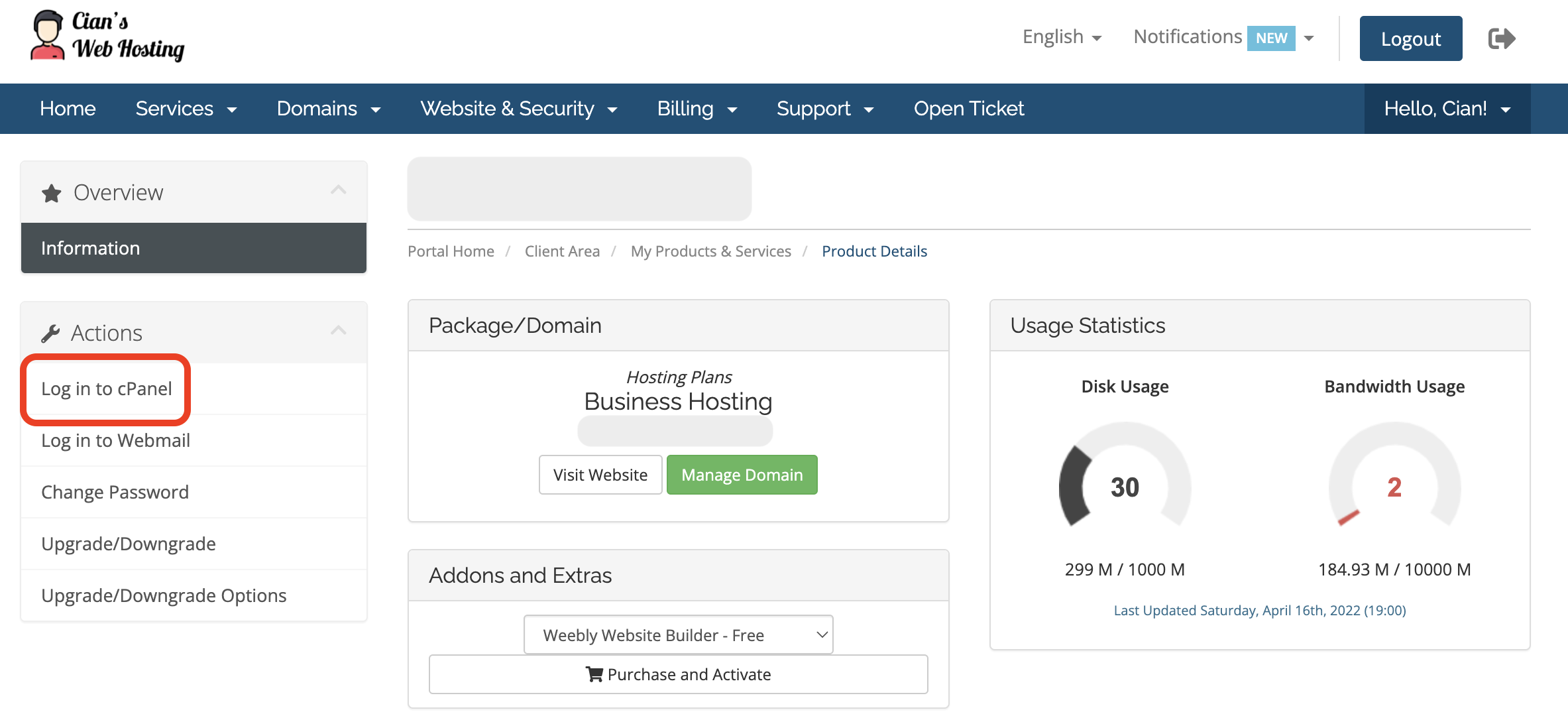 cPanel Login - Cian's Web Hosting